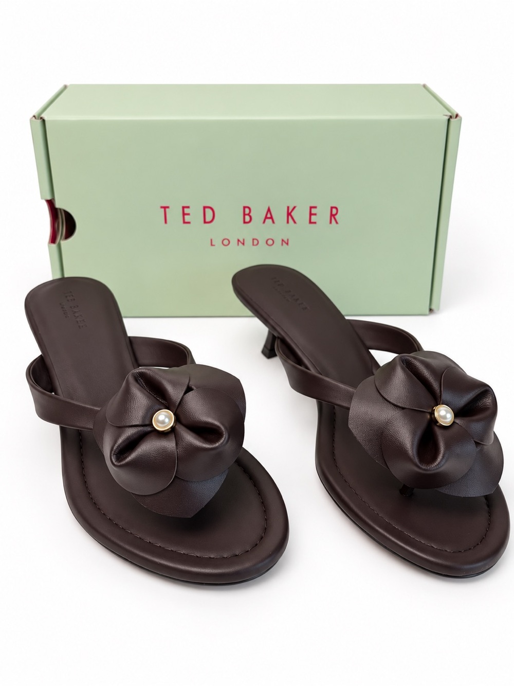 NWT Ted Baker Birdie Floral Pearl Kitten Heel Sandals Brown 7.5